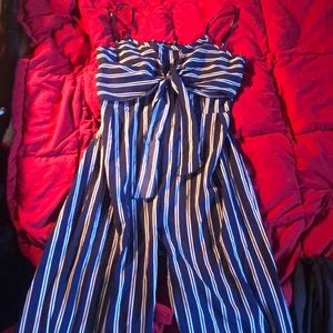 Blue striped open back romper